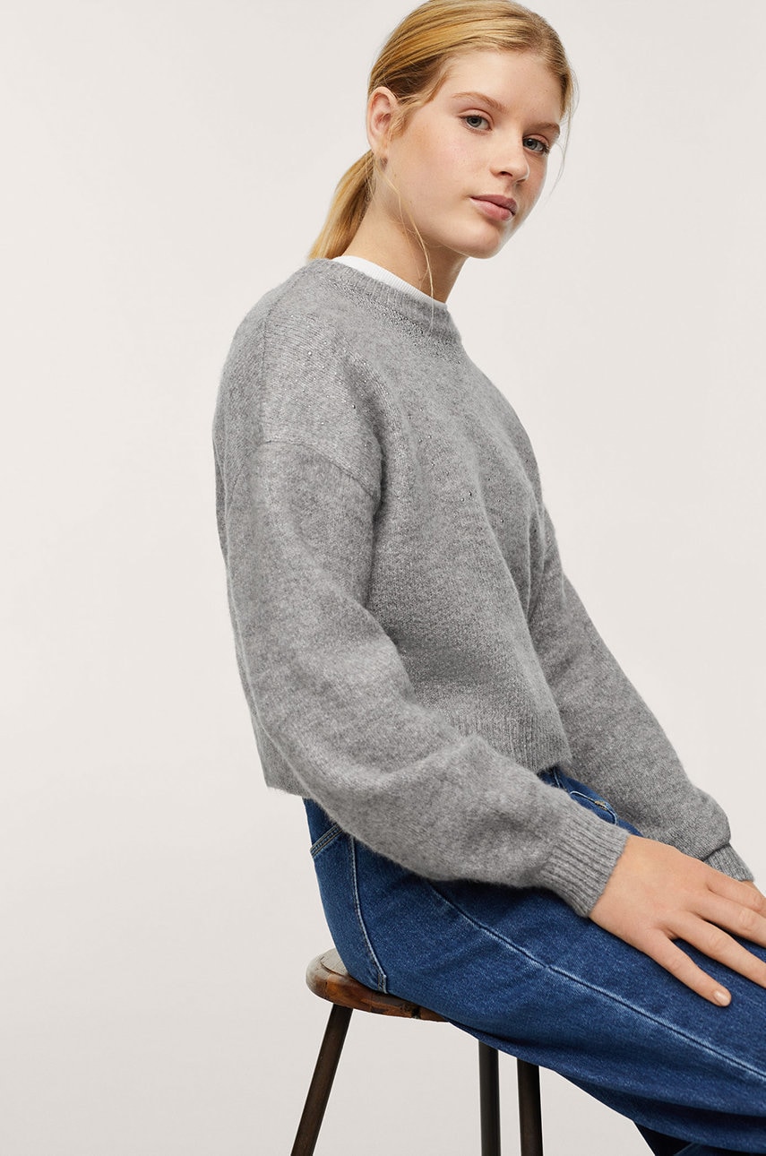 Mango Kids pulover copii culoarea gri, călduros