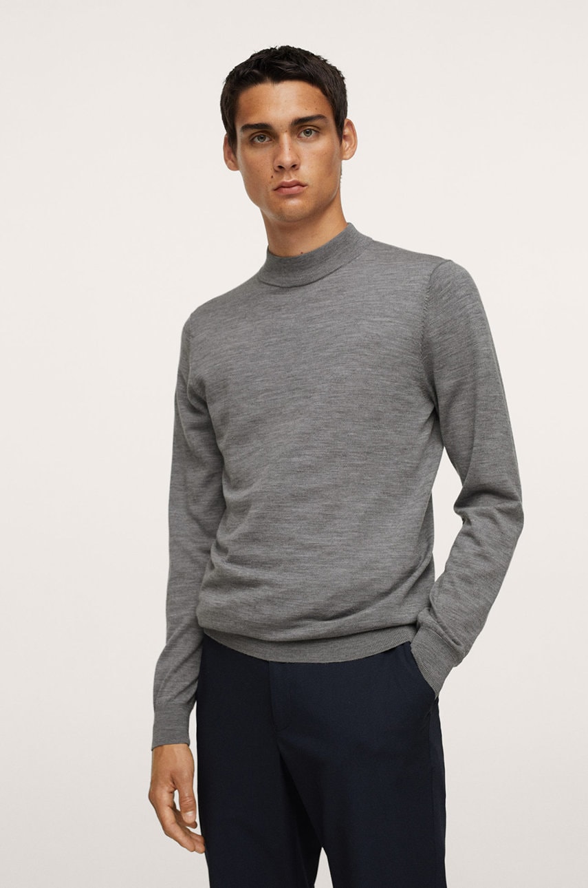 Mango man pulover de lână bărbați, culoarea gri, light, cu turtleneck