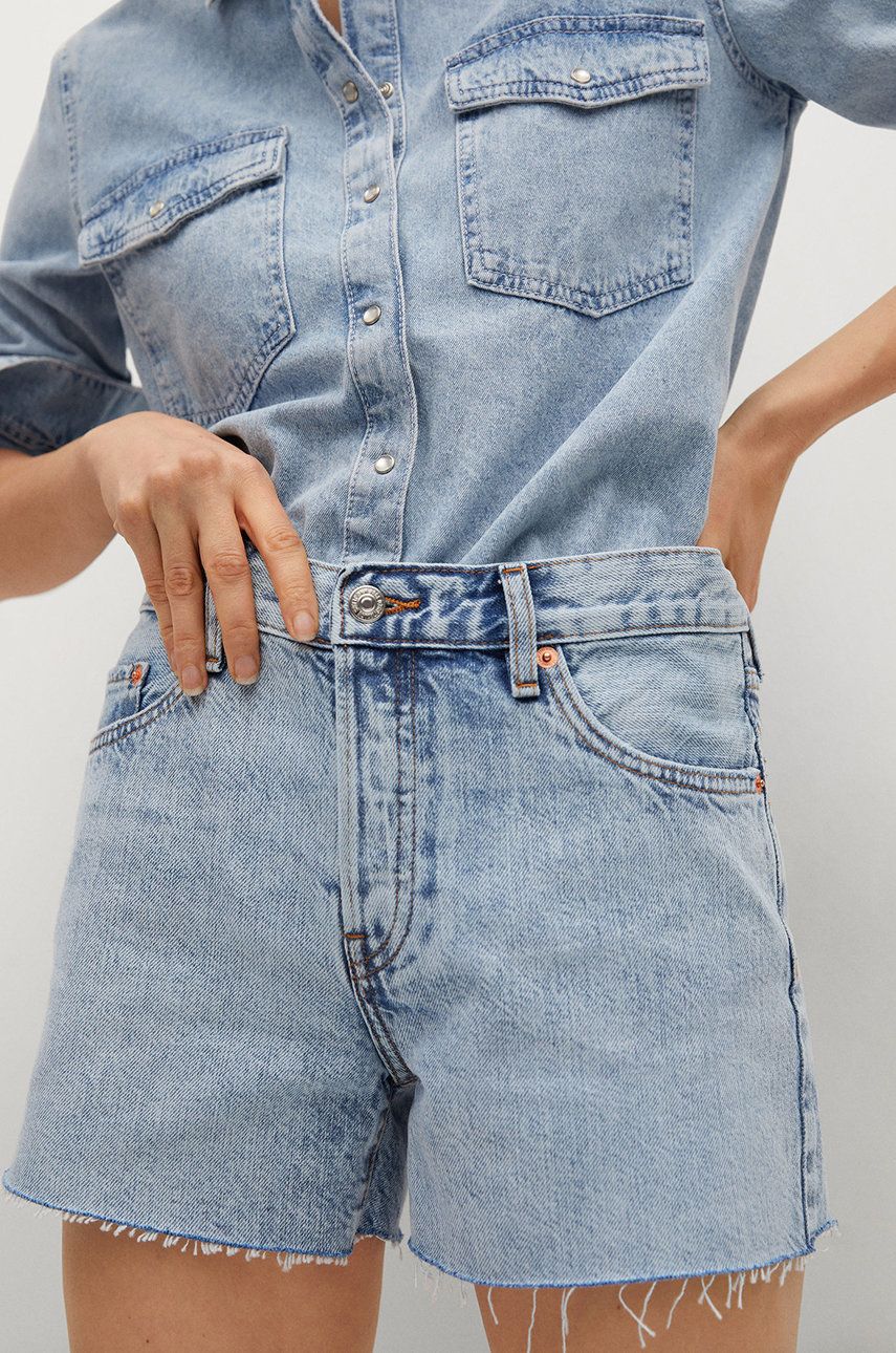 Mango Pantaloni scurti jeans Hailey femei, material neted, medium waist