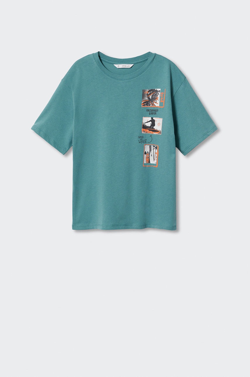 

Детска памучна тениска Mango Kids Waving в зелено с апликация, Зелен