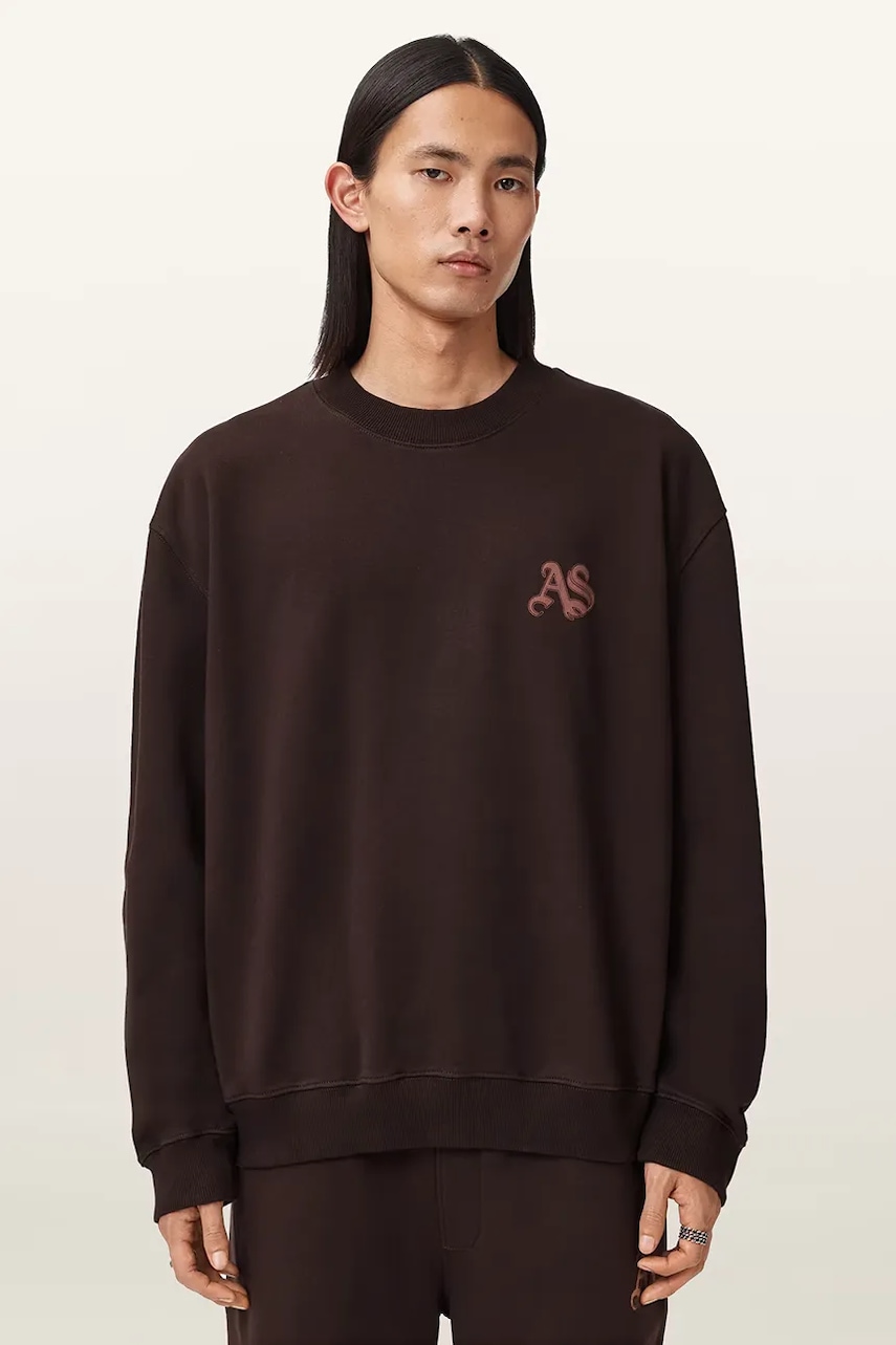 AllSaints hanorac de bumbac culoarea maro, cu imprimeu, M011NE