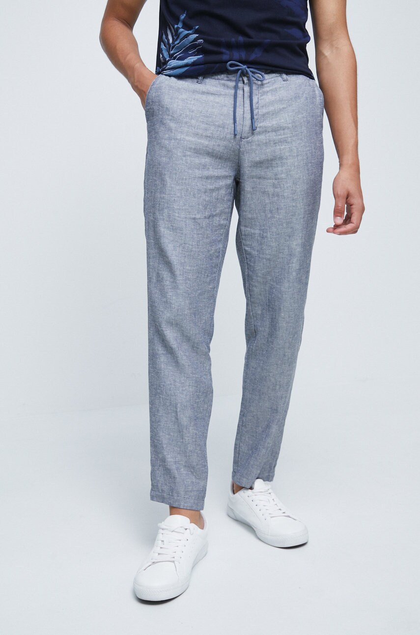 Medicine pantaloni din in barbati, culoarea albastru marin, cu fason chinos