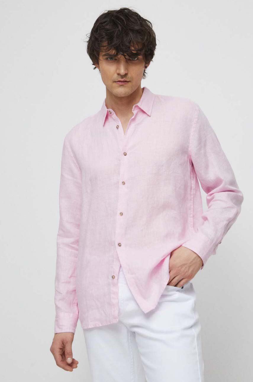 Medicine camasa de in barbati, culoarea roz, cu guler clasic, regular