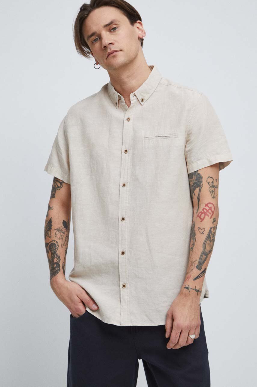 E-shop Plátěná košile Medicine pánská, béžová barva, regular, s límečkem button-down