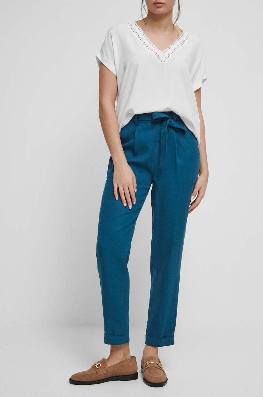 Medicine pantaloni femei, culoarea albastru marin, drept, medium waist