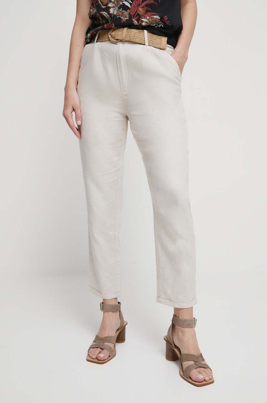 Levně Plátěné kalhoty Medicine dámské, béžová barva, jednoduché, medium waist