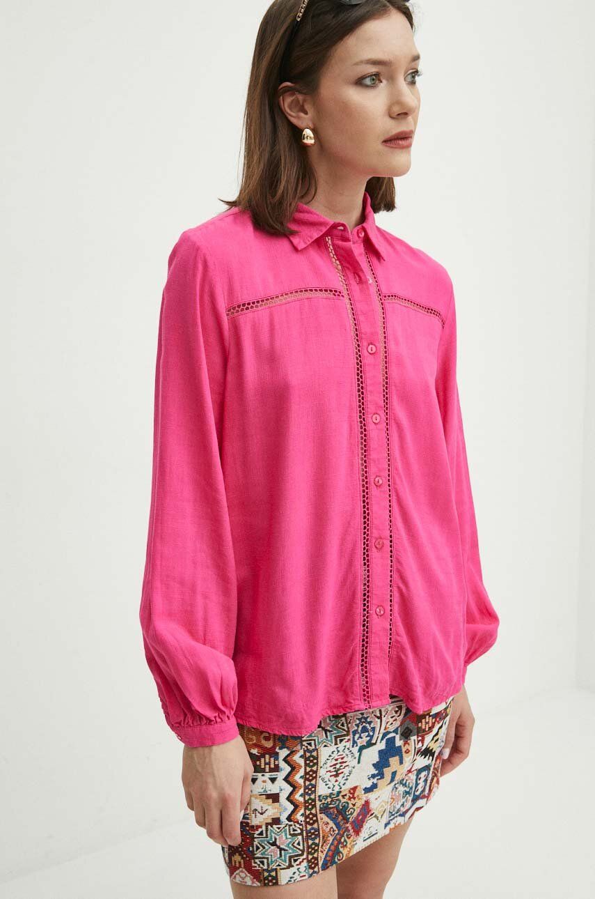 Levně Košile s příměsí lnu Medicine dámská, růžová barva, regular, s klasickým límcem