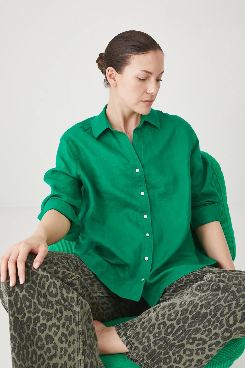 Medicine camasa de in femei, culoarea verde, cu guler clasic, relaxed