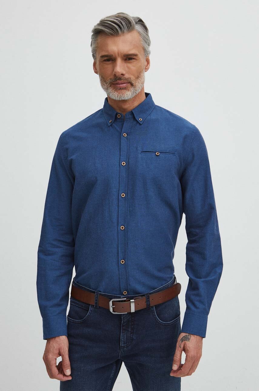 Сорочка з льону Medicine чоловіча колір синій regular комір button-down 