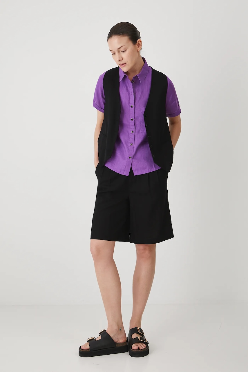 Medicine camasa de in femei, culoarea violet, cu guler clasic, regular