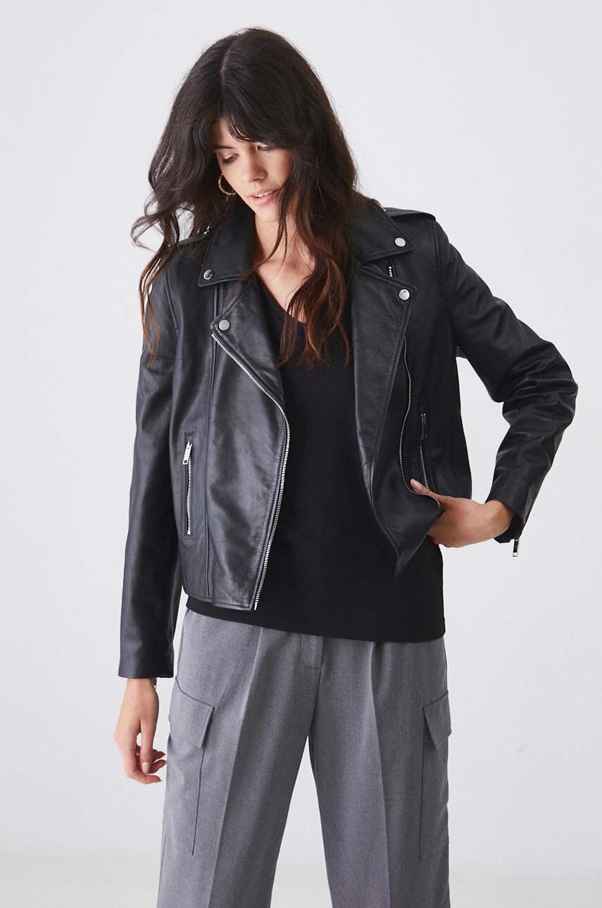 Medicine geaca de piele femei, culoarea negru, de tranzitie