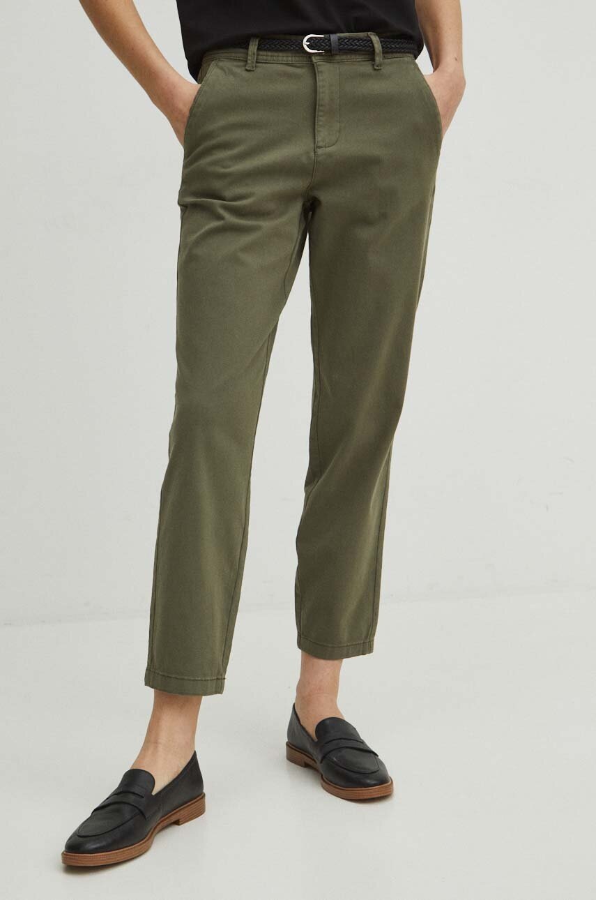 Medicine pantaloni femei, culoarea verde, fason chinos, medium waist