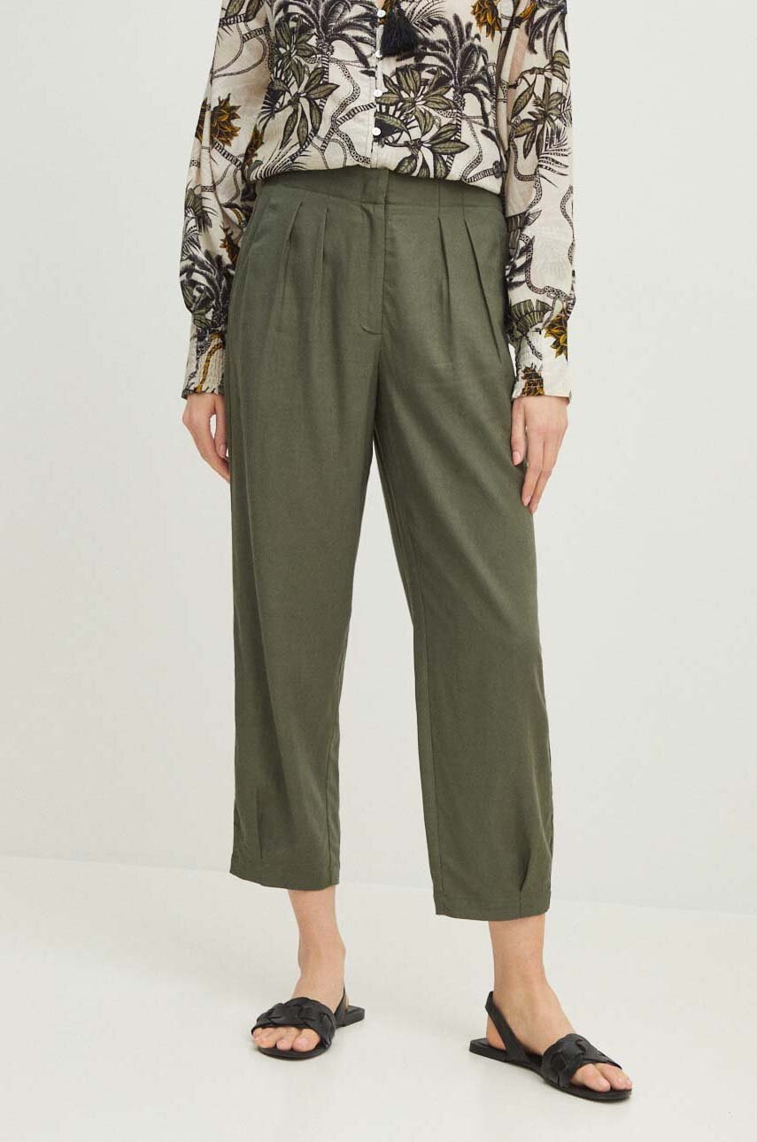 Medicine pantaloni din amestec de in femei, culoarea verde, lat, high waist