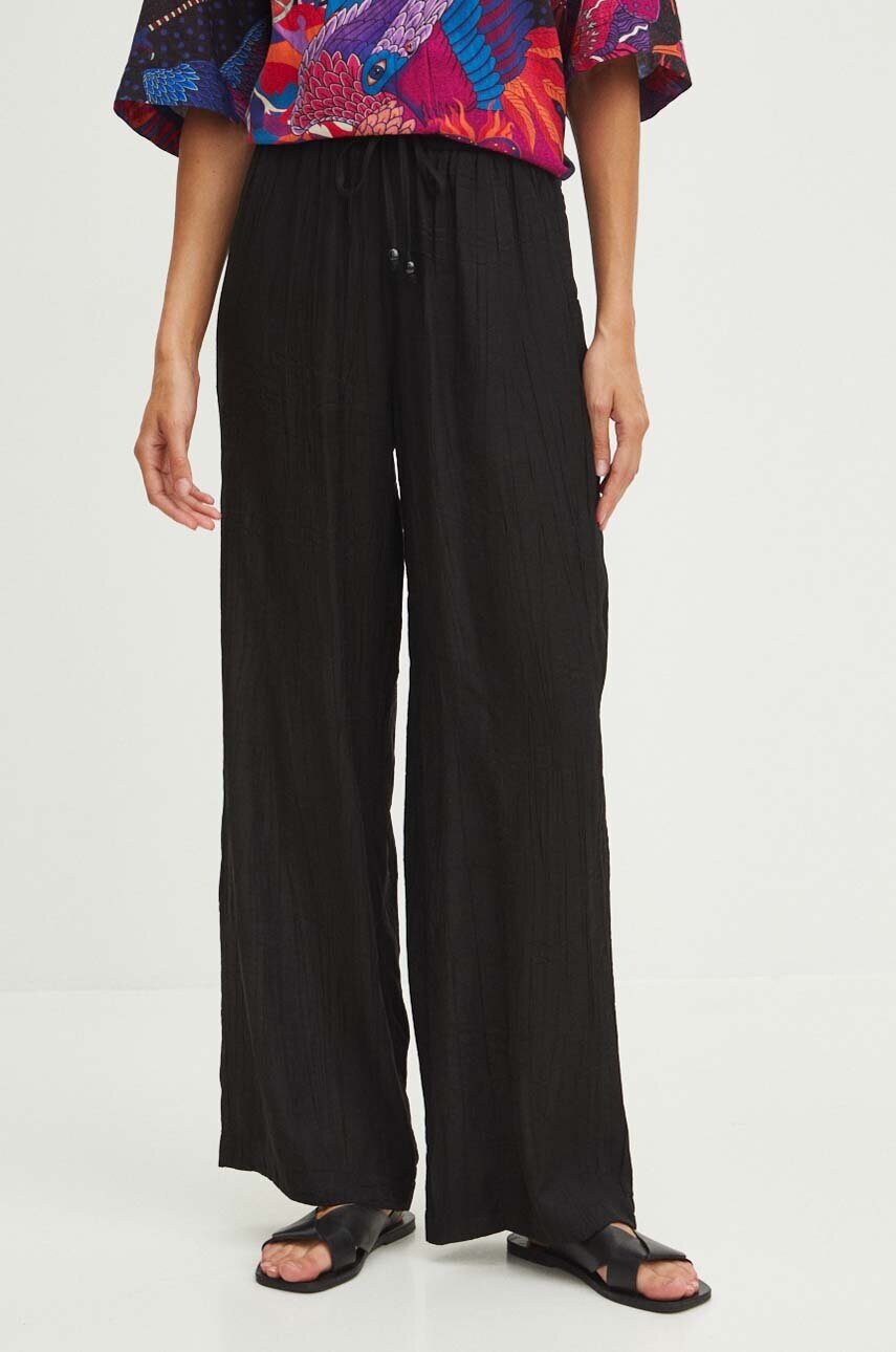 Medicine pantaloni femei, culoarea negru, lat, high waist