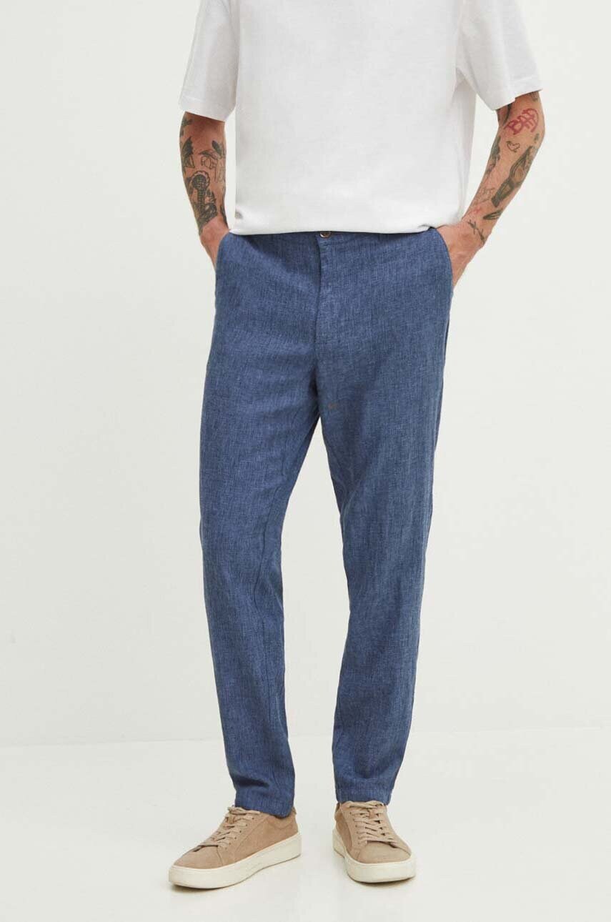 Medicine pantaloni din in bărbați, culoarea bleumarin, drept