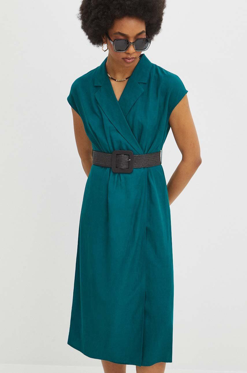 Medicine rochie din amestec de in culoarea verde, midi, drept