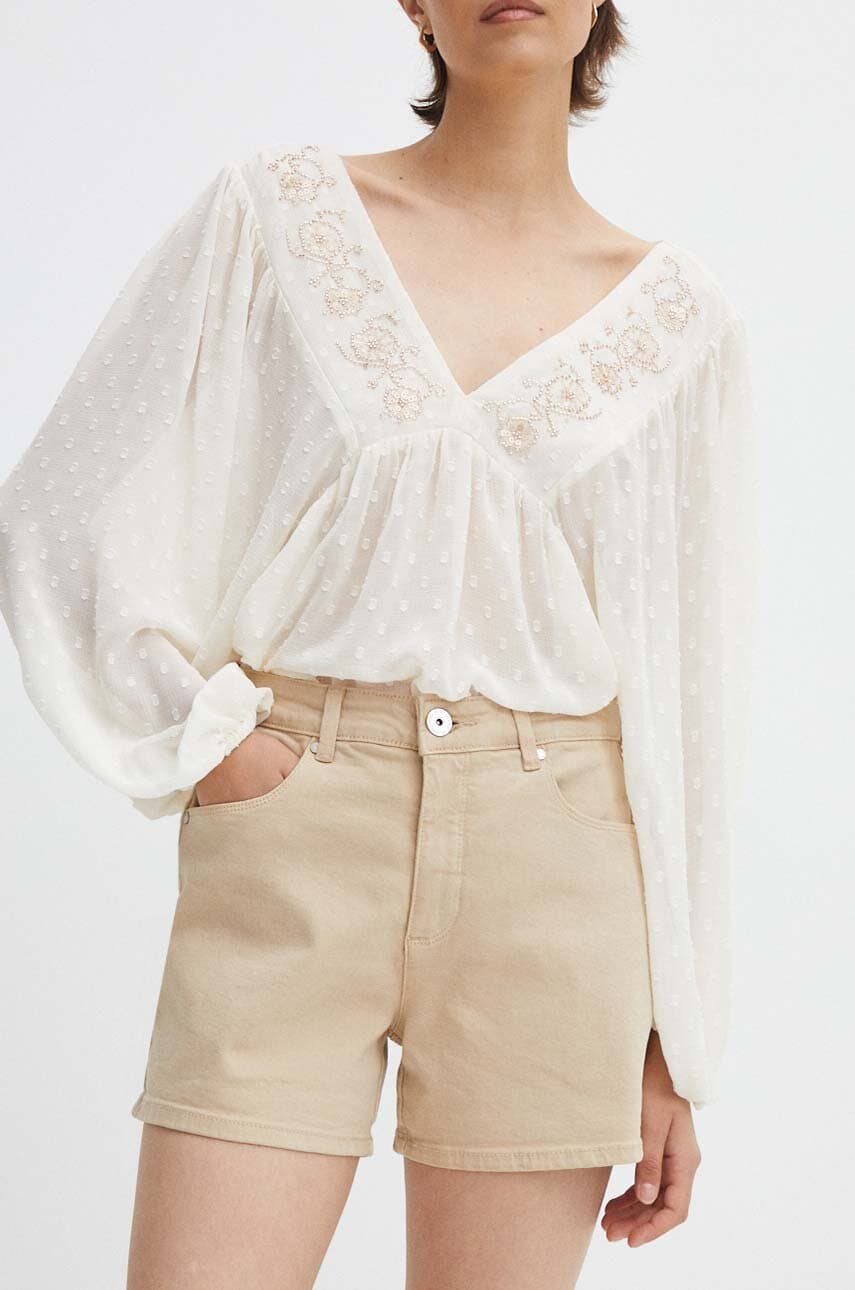 Medicine pantaloni scurti jeans femei, culoarea bej, neted, high waist Medicine pantaloni scurti jeans femei, culoarea bej, neted, high waist