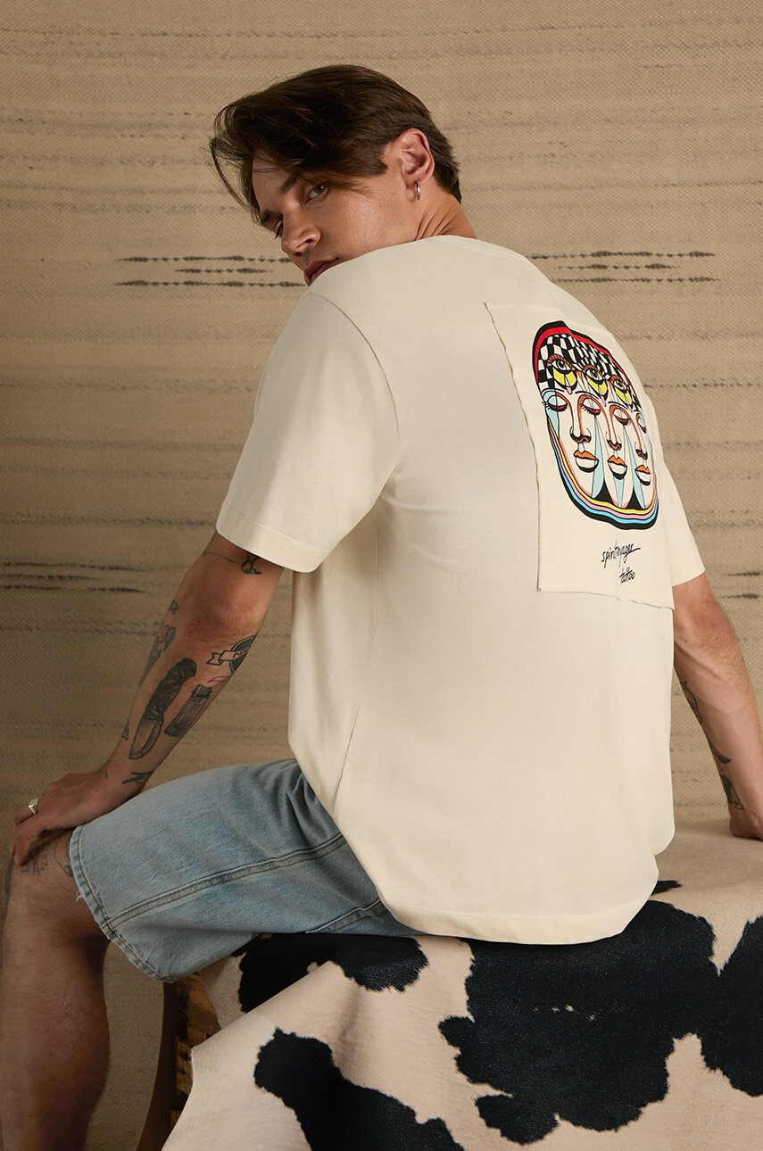 Medicine tricou din bumbac barbati, culoarea bej, cu imprimeu