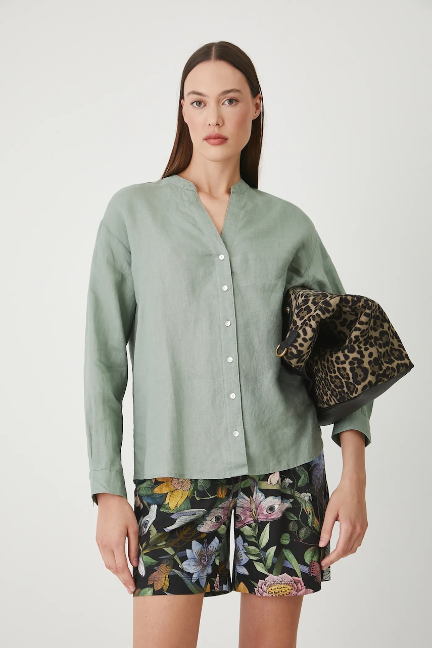 Medicine bluza din in culoarea verde, neted