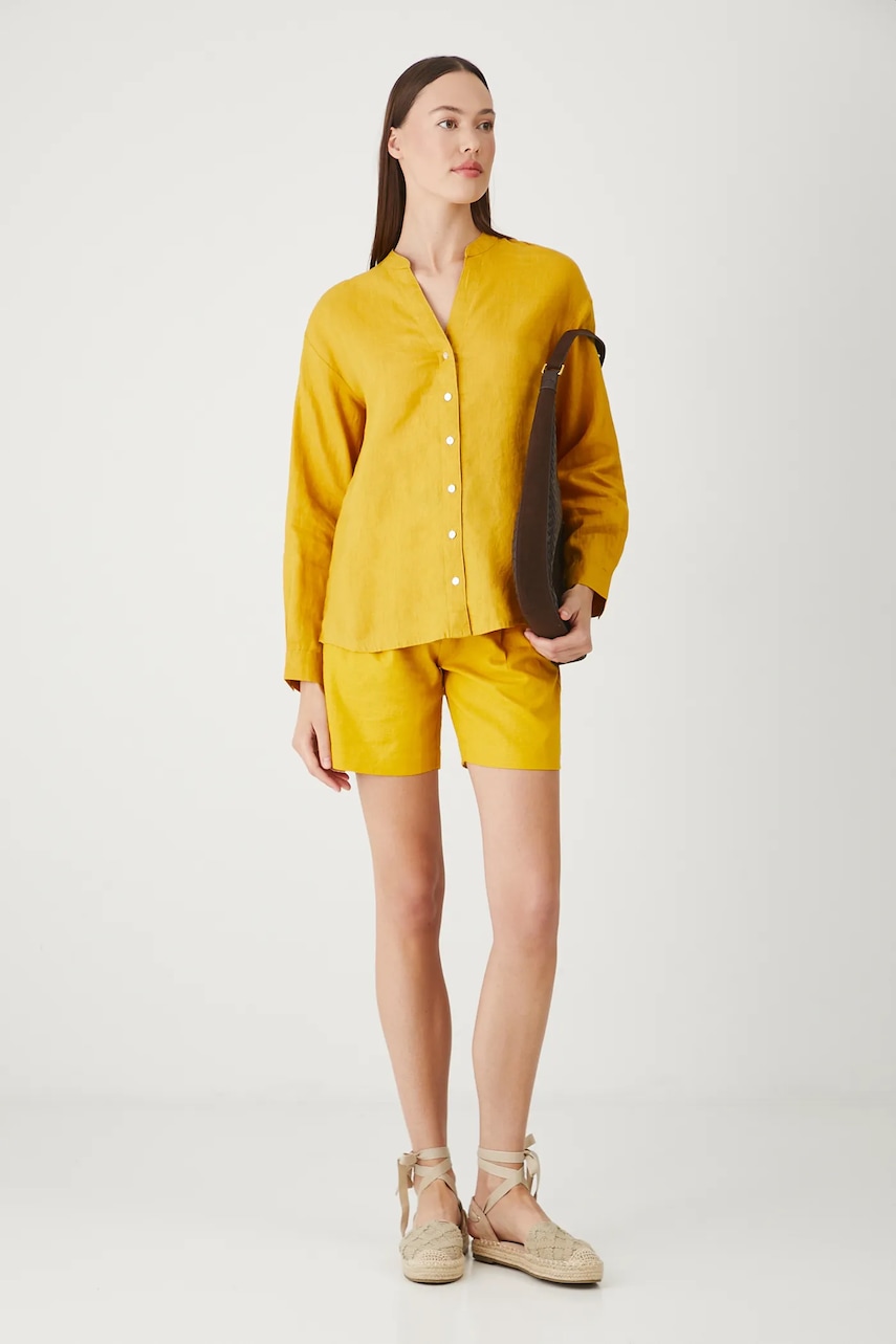 Medicine bluza din in culoarea galben, neted