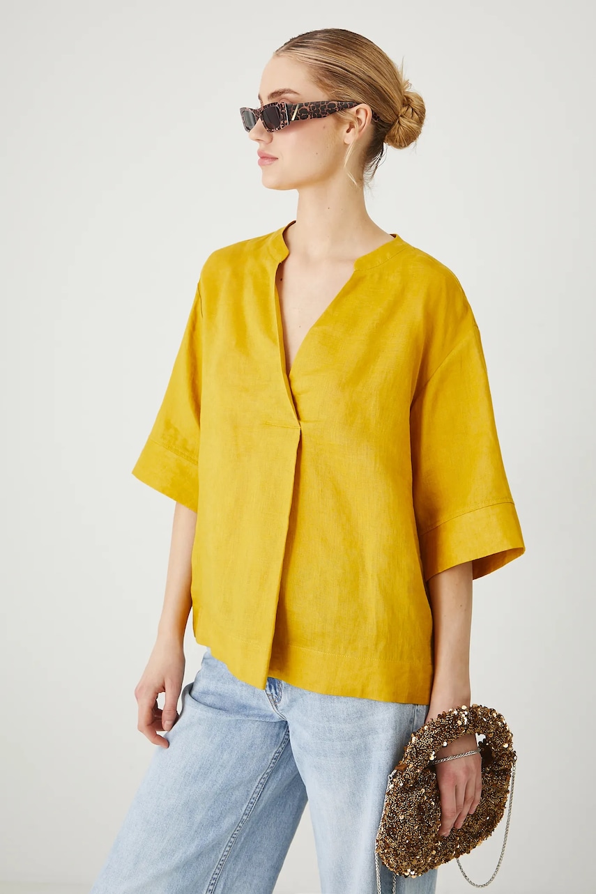 Medicine bluza din in culoarea galben, neted