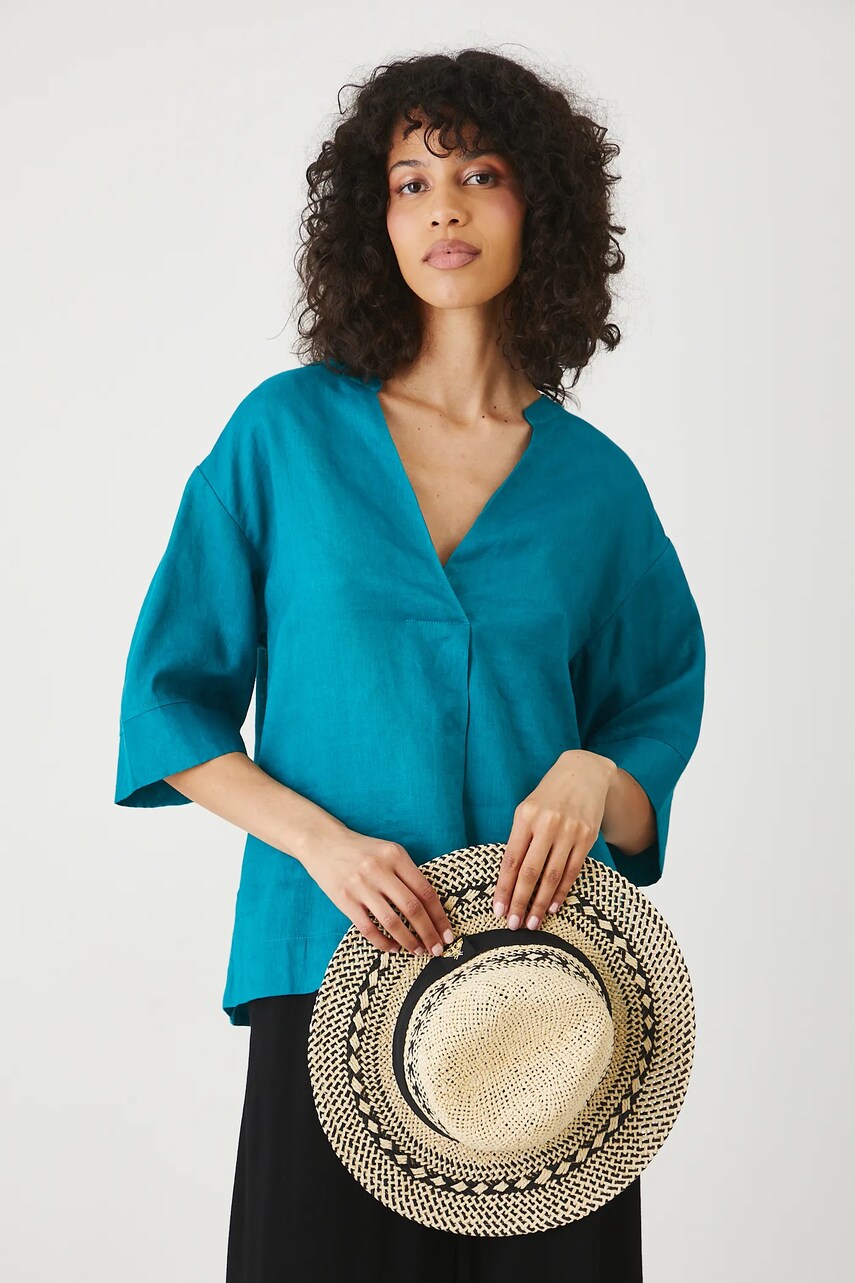 Medicine bluza din in culoarea verde, neted