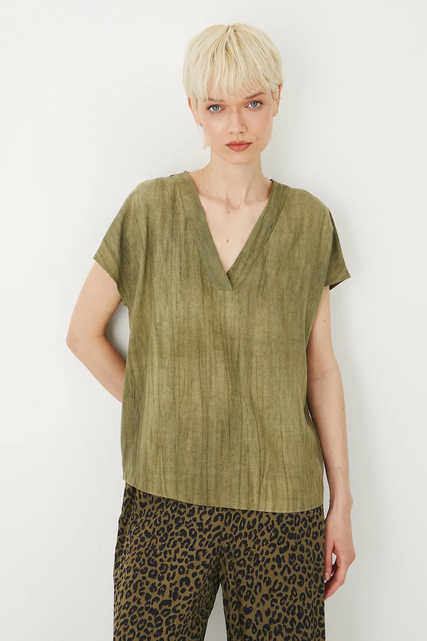 Medicine bluza din amestec de in culoarea verde, neted