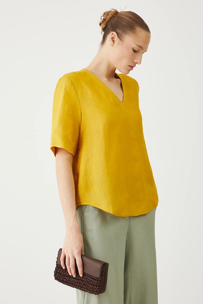 Medicine bluza din in culoarea galben, neted