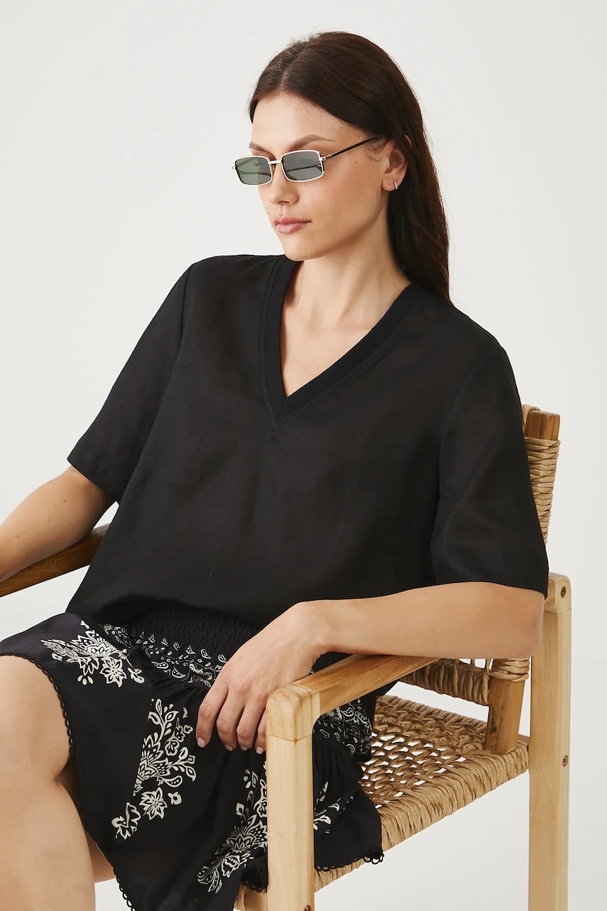 Levně Lněná halenka Medicine dámská, černá barva, hladká