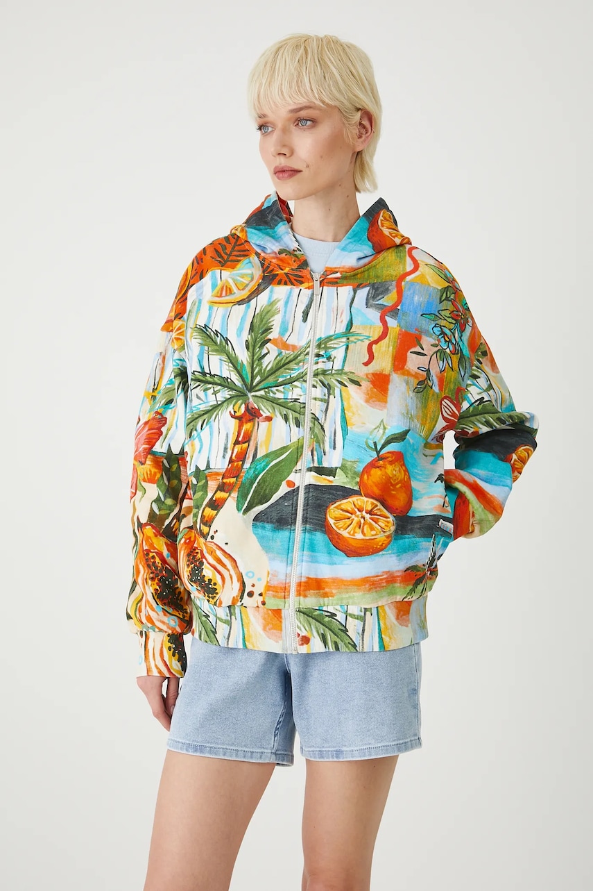 Medicine hanorac din bumbac glugă multicoloră pentru femei cu model