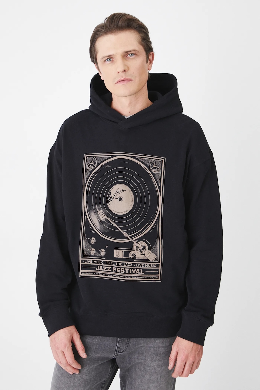 Medicine bluza barbati, culoarea negru, cu glugă, cu imprimeu