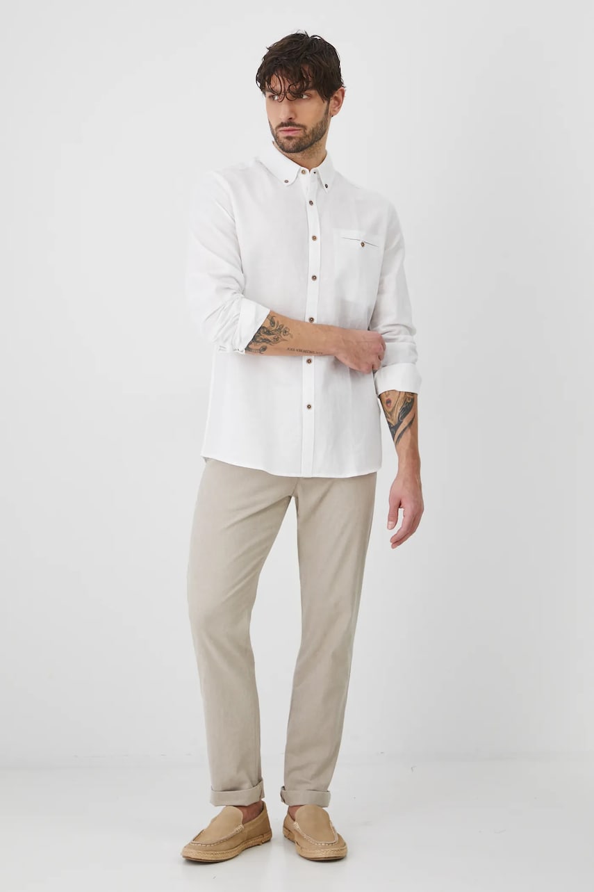 Medicine camasa de in barbati, culoarea alb, cu guler button-down, regular Medicine camasa de in barbati, culoarea alb, cu guler button-down, regular