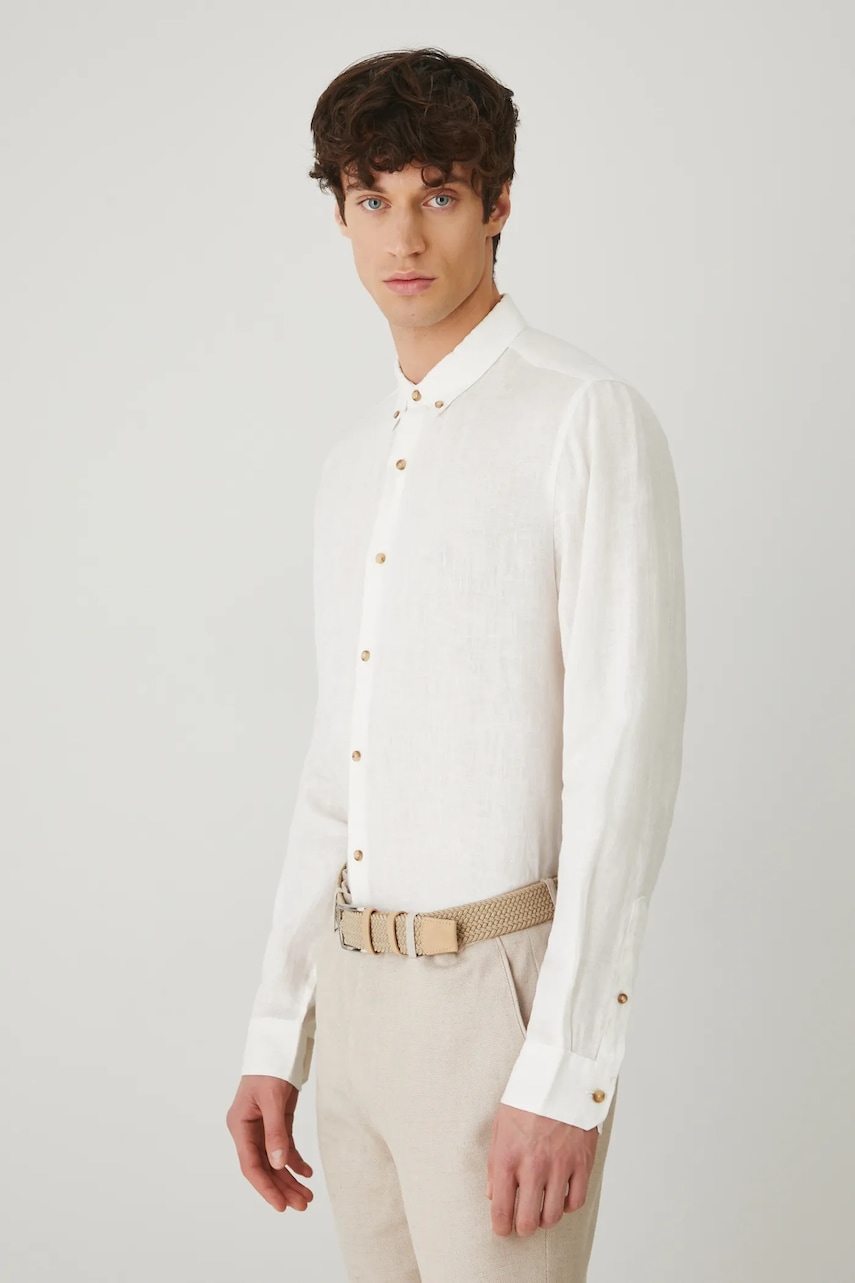 Medicine camasa de in barbati, culoarea alb, cu guler button-down, regular Medicine camasa de in barbati, culoarea alb, cu guler button-down, regular
