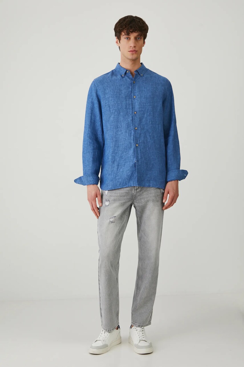 Levně Lněná košile Medicine pánská, modrá barva, regular, s límečkem button-down