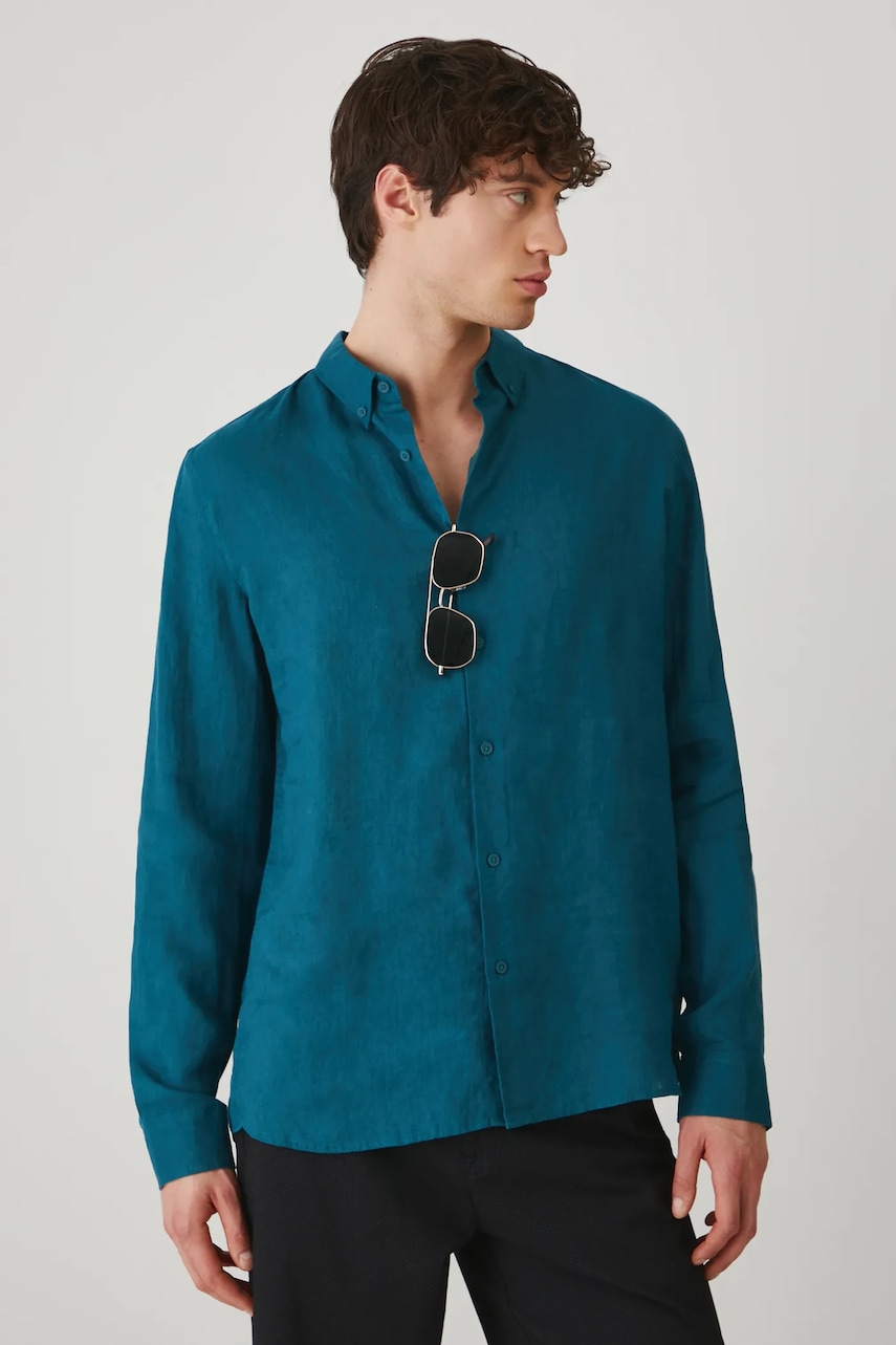Medicine camasa de in barbati, culoarea verde, cu guler button-down, regular Medicine camasa de in barbati, culoarea verde, cu guler button-down, regular