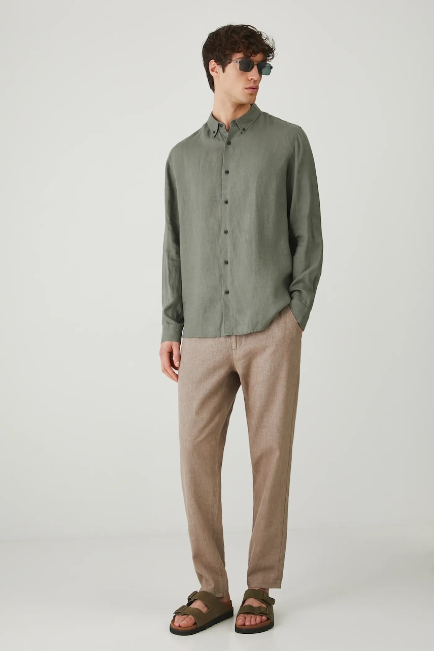 Medicine camasa de in barbati, culoarea verde, cu guler button-down, regular Medicine camasa de in barbati, culoarea verde, cu guler button-down, regular