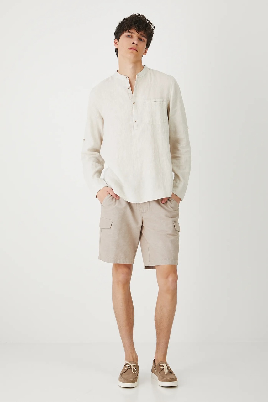 Льняная рубашка Medicine цвет бежевый regular со стойкой