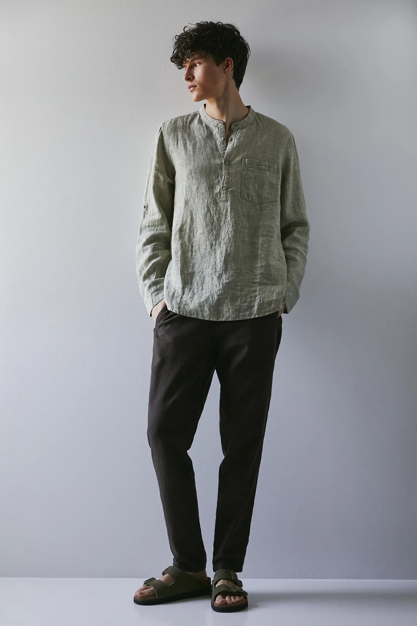 Льняная рубашка Medicine цвет зелёный regular со стойкой