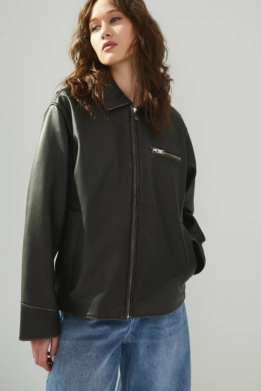 Medicine geaca biker de piele culoarea maro, de tranzitie