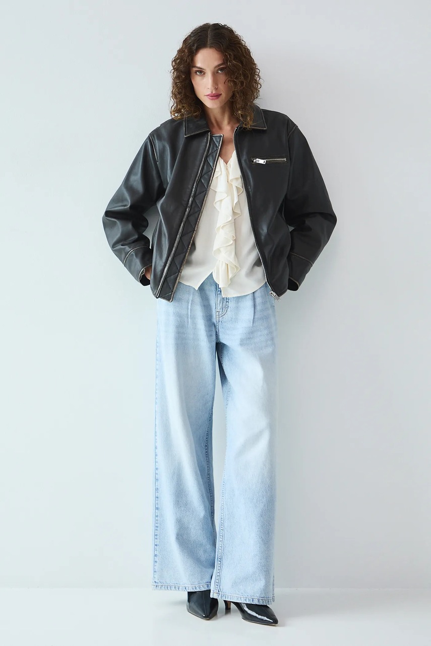 Medicine geaca biker de piele culoarea maro, de tranzitie