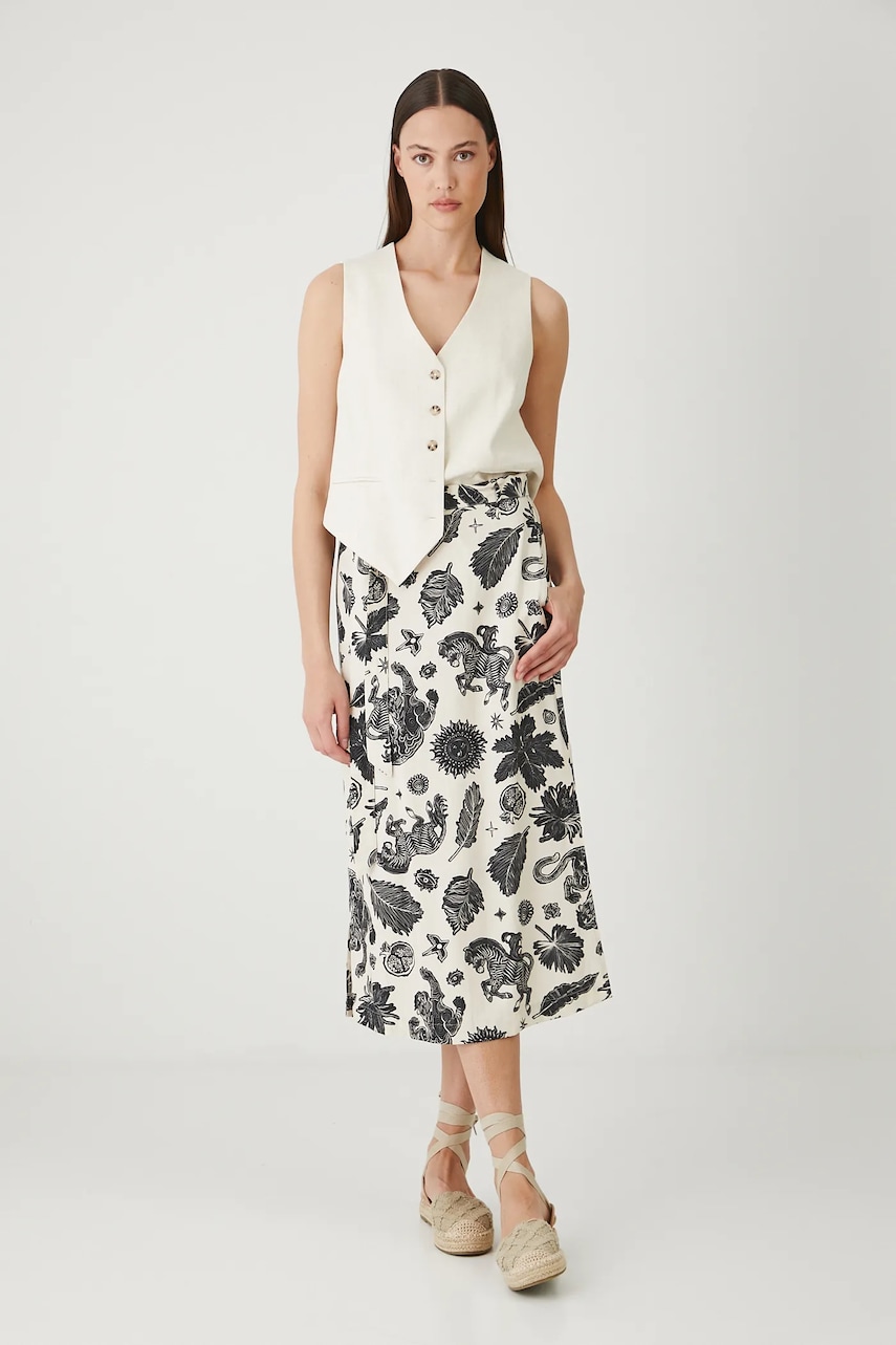 Medicine fustă din amestec de in culoarea bej, midi, drept