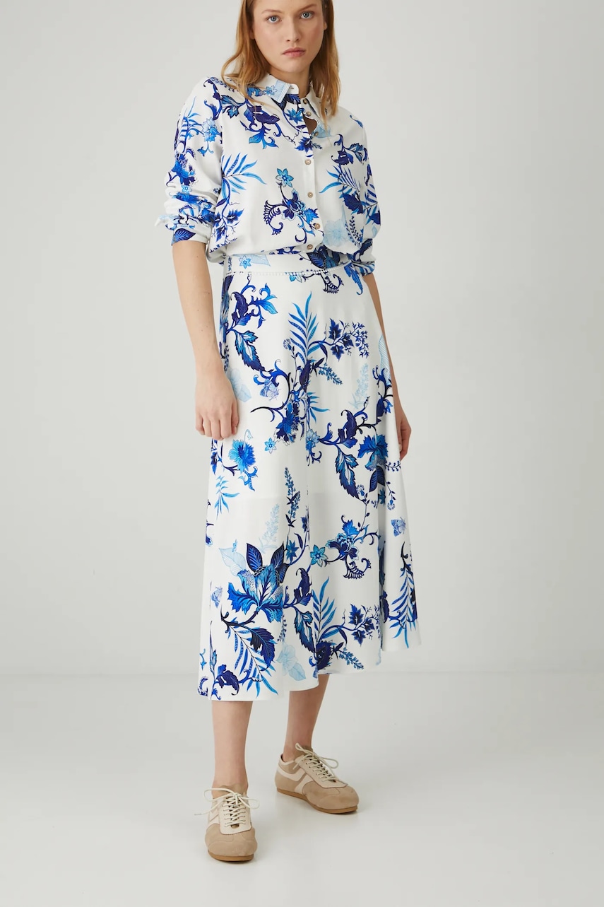 Medicine fustă din amestec de in culoarea alb, maxi, evazati