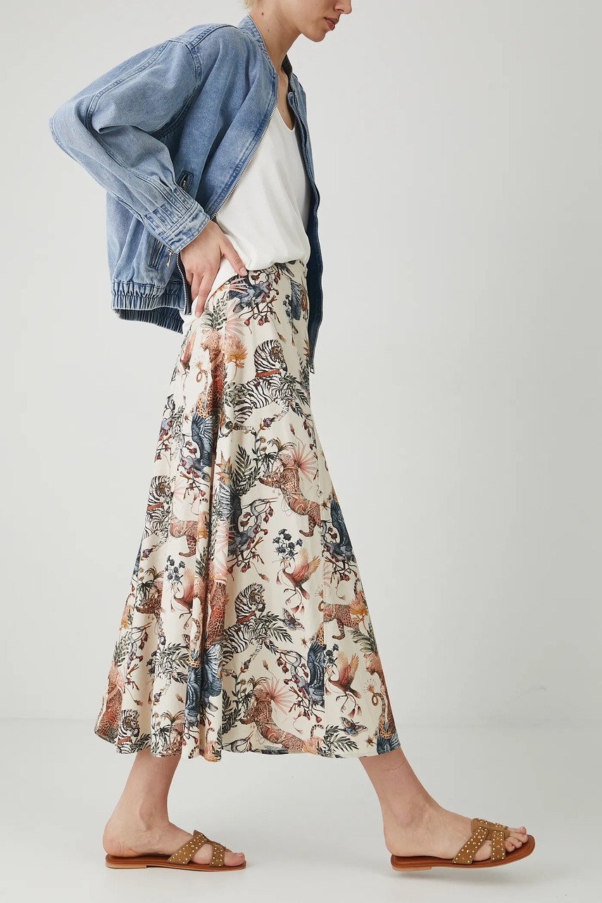 Medicine fustă din amestec de in culoarea bej, maxi, evazati