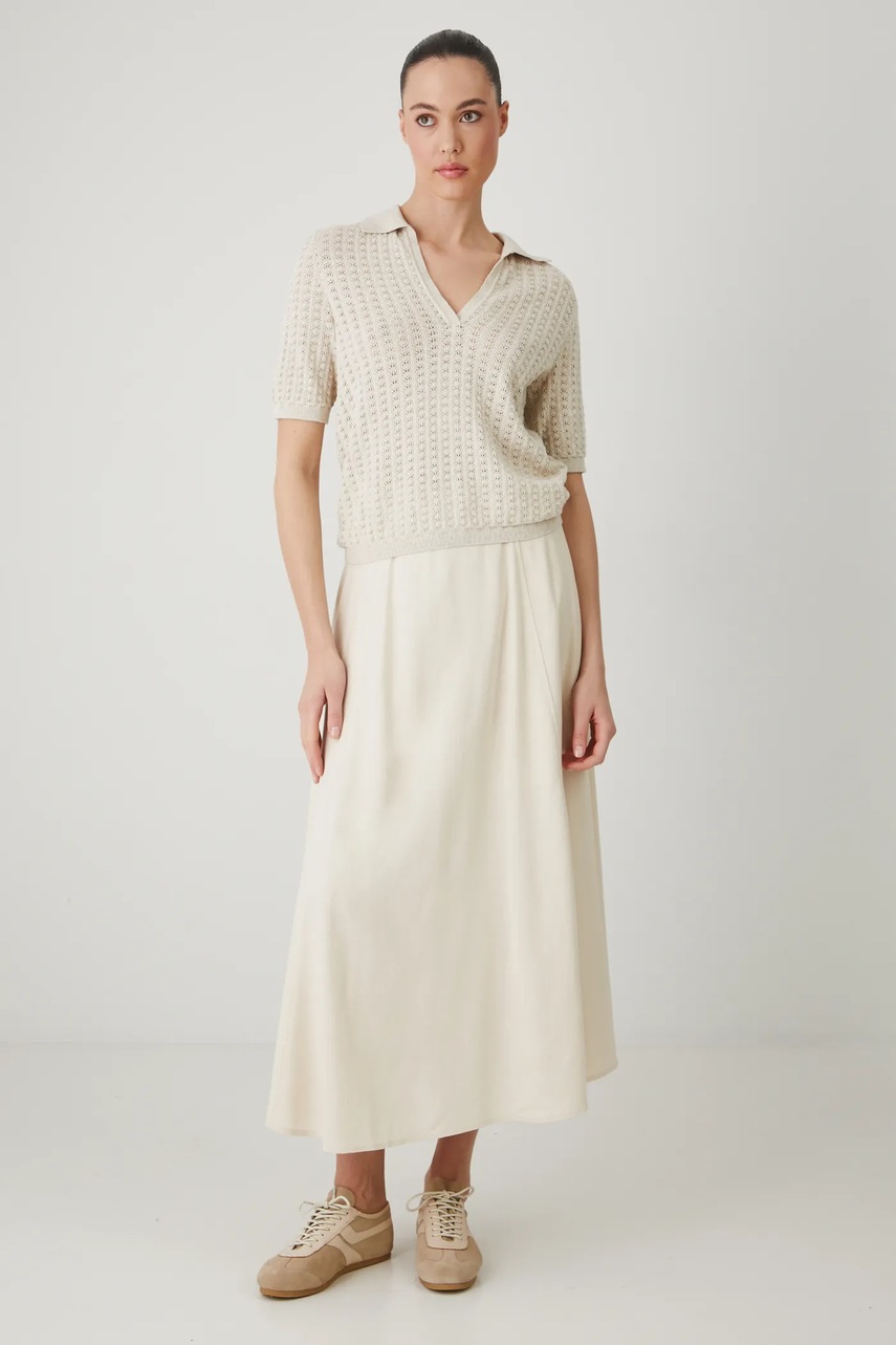 Medicine fustă din amestec de in culoarea bej, maxi, evazati