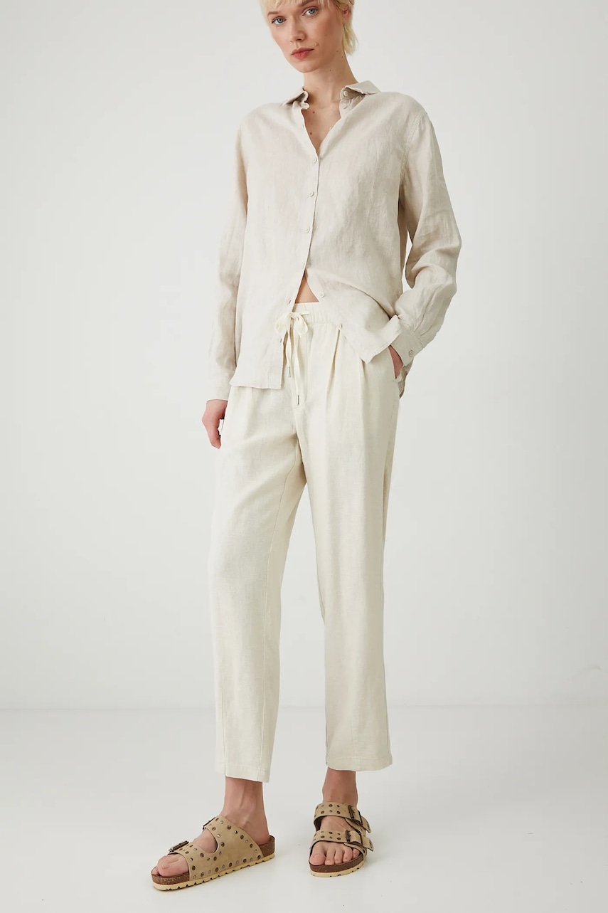 Medicine pantaloni din in culoarea bej, fason chinos, medium waist