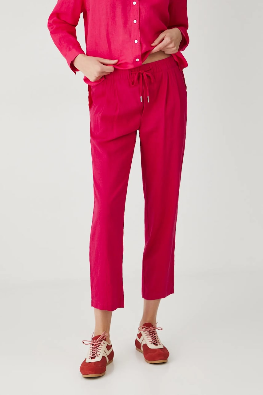 Medicine pantaloni din in femei, culoarea roz, fason chinos, medium waist Medicine pantaloni din in femei, culoarea roz, fason chinos, medium waist