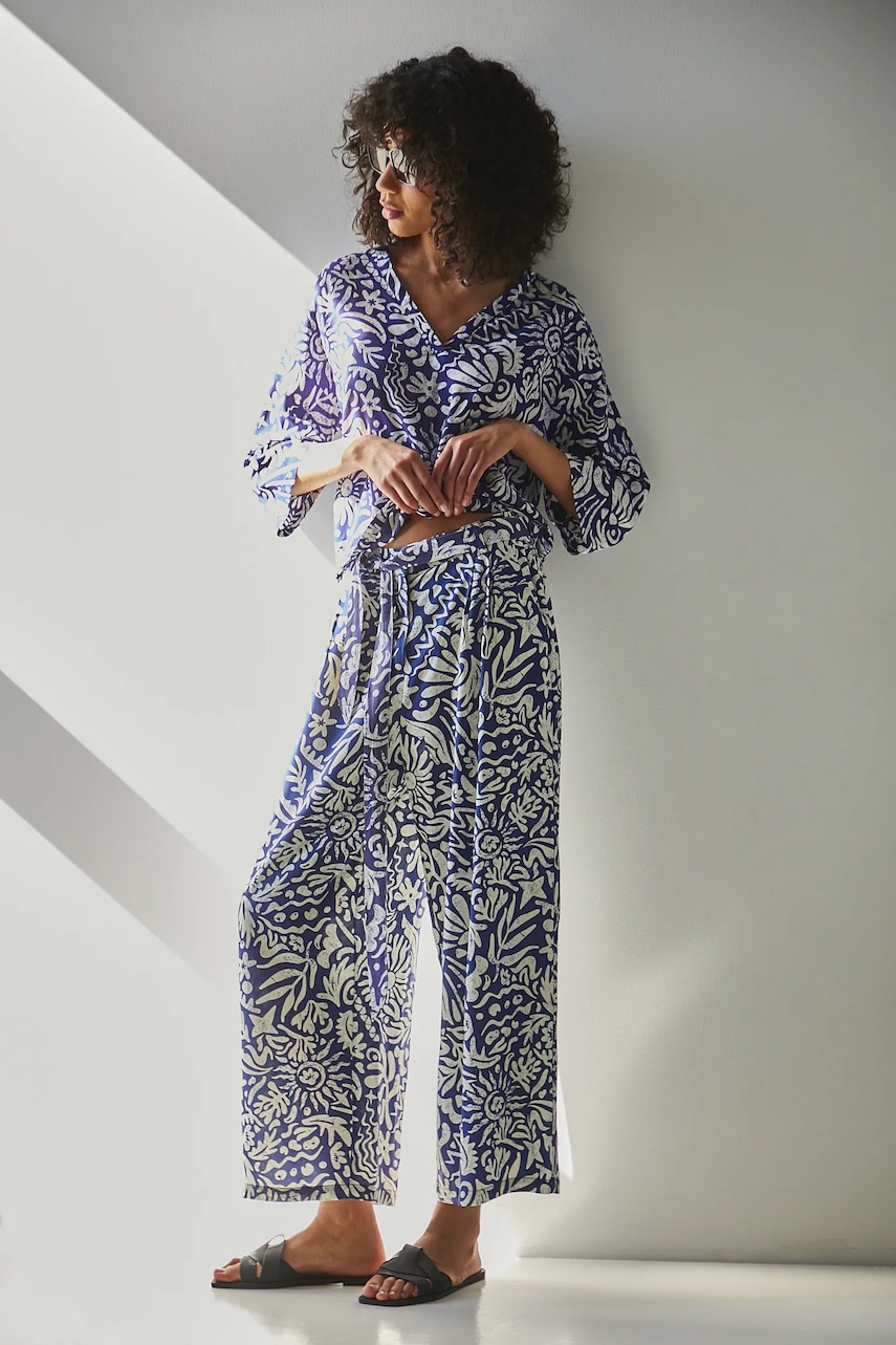 Medicine pantaloni din amestec de in culoarea albastru marin, lat, high waist Medicine pantaloni din amestec de in culoarea albastru marin, lat, high waist