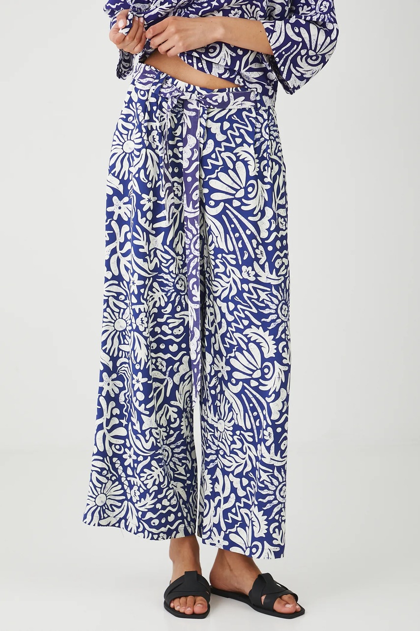 Брюки с примесью льна Medicine цвет синий широкие высокая посадка