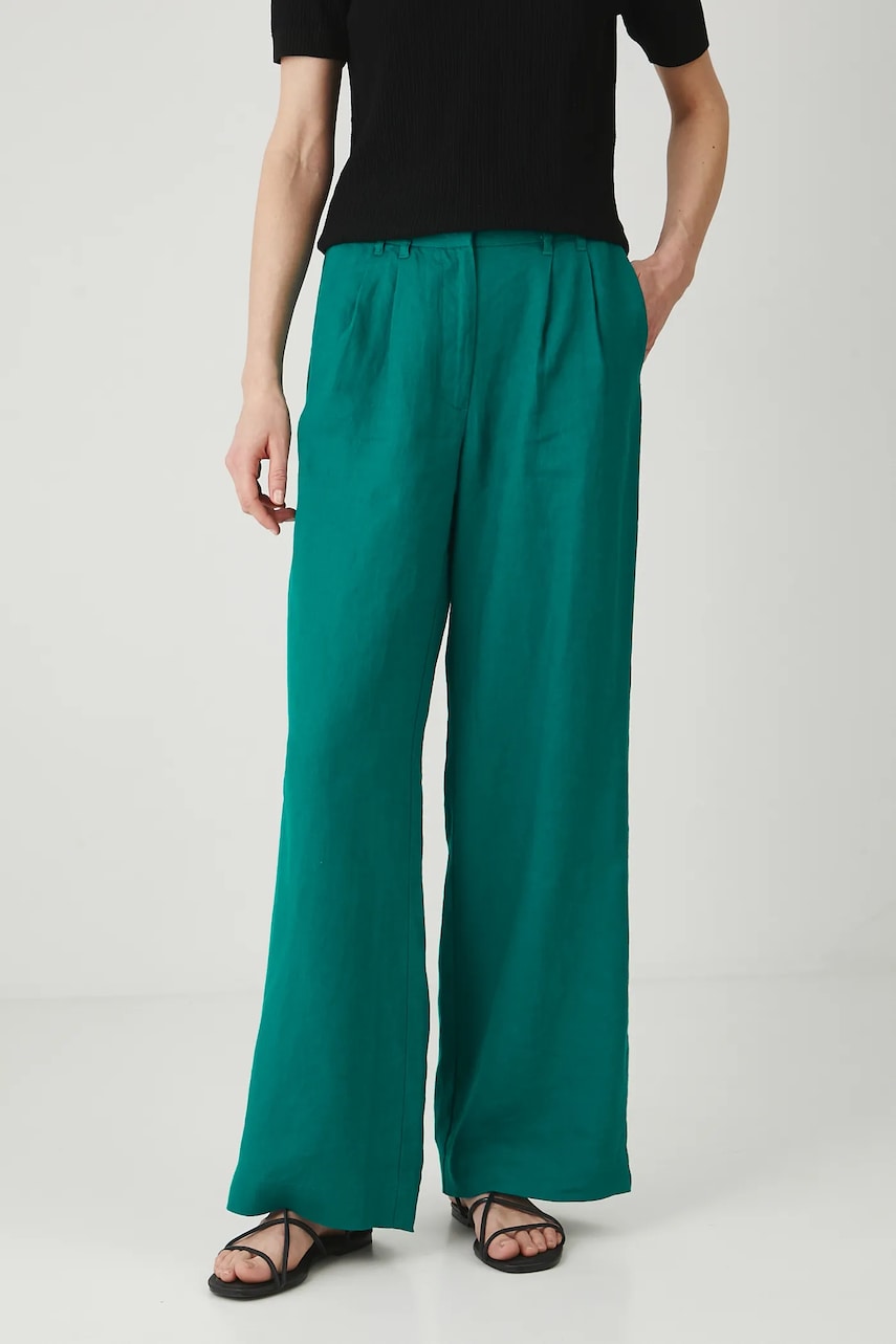 Levně Lněné kalhoty Medicine dámské, zelená barva, široké, medium waist