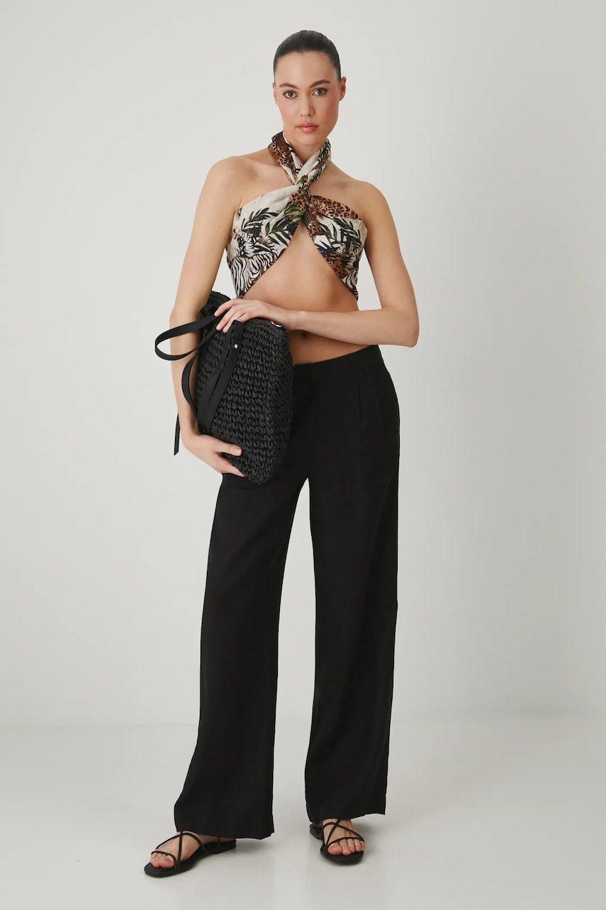 Levně Lněné kalhoty Medicine dámské, černá barva, široké, medium waist